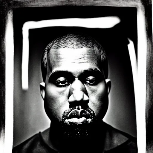 Image similar to a chiaroscuro lighting portrait of kanye west dressed as rick owens, black background, portrait by julia margaret cameron, shallow depth of field, 8 0 mm, f 1. 8