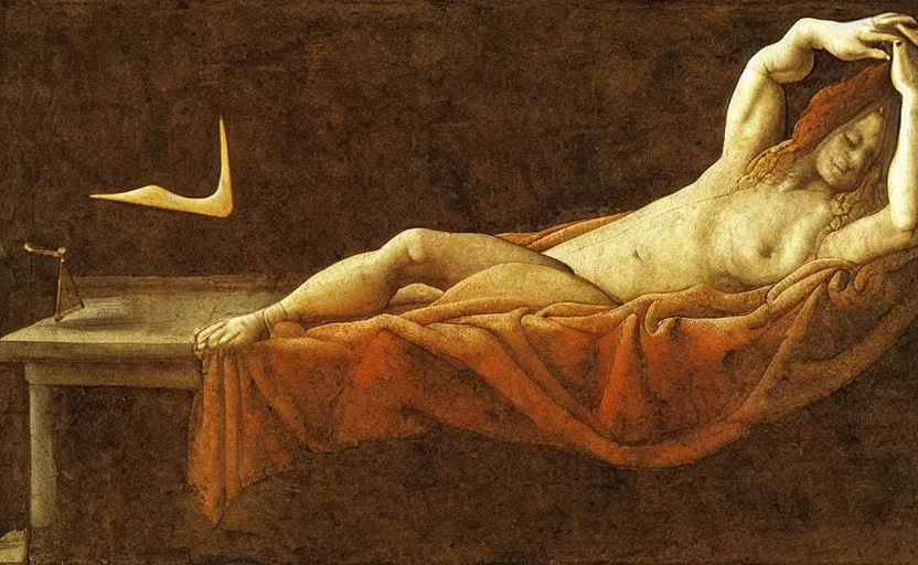 Image similar to a painting of the persistence of memory, painted by leonardo da vinci