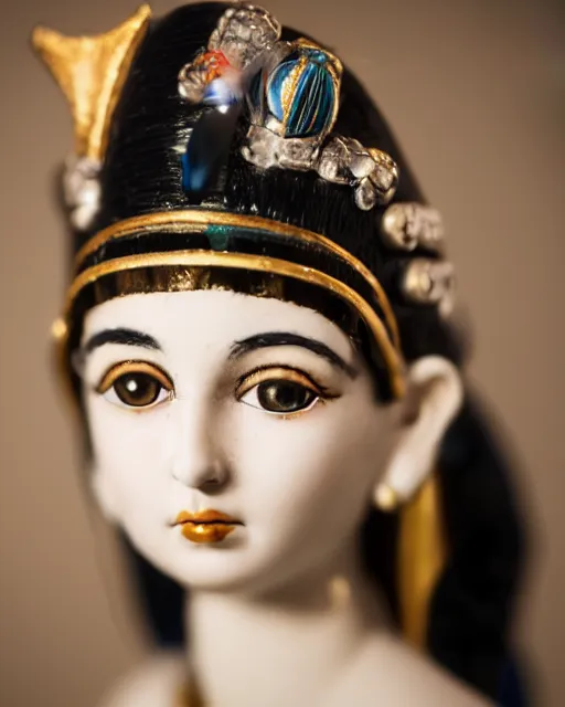 Prompt: high quality presentation photo of cleopatra as a porcelain doll, photography 4k, f1.8 anamorphic, bokeh, 4k, Canon, Nikon