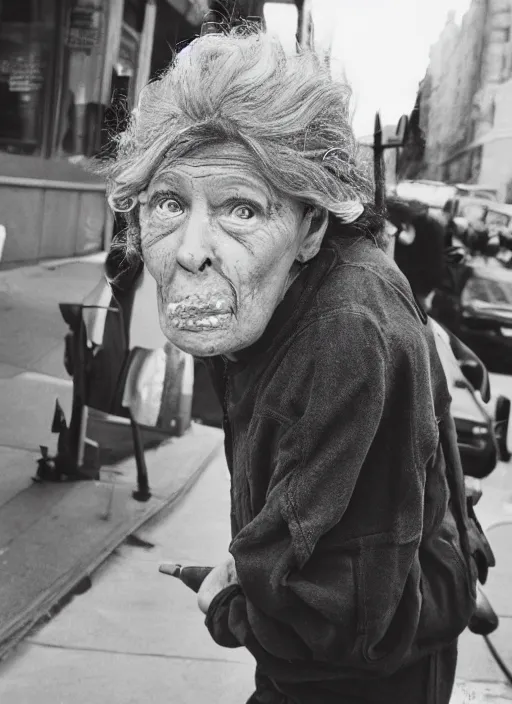 Prompt: strange ugly tough looking woman with piercings walking down the street in New York. older person, sweat suit, crackhead, somebodys grandma probably, award winning photography, high detail, photography by Annie Leibovitz, Ansel Adams, Mary Ellen Mark
