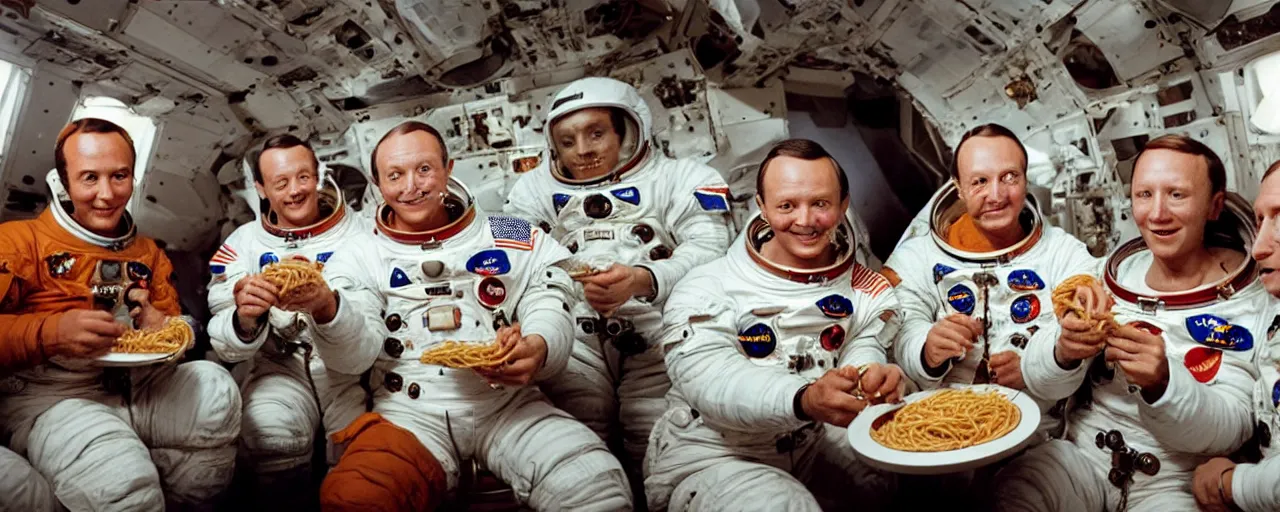 Image similar to apollo 1 1 astronauts eating spaghetti in space, ultra - realistic faces, fine detail, anon 5 0 mm, in the style of diane arbus, in the style of wes anderson, kodachrome, retro