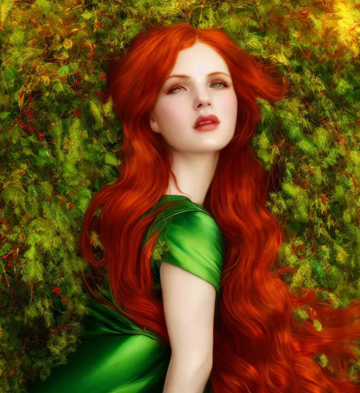 Prompt: portrait of a red haired woman wearing a green satin dress with fine gold filigree, autumn leaves falling, dramatic volumetric lighting, god rays, global illumination, soft, sharp focus, ivy, intricate, elegant, masterpiece, moss, trending on artstation, art nouveau, art by artgerm and greg rutkowski and alphonse mucha