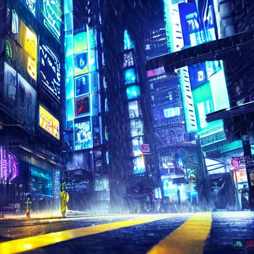 Prompt: highly detailed photorealistic batman in rain, cyberpunk city street, blue and yellow neon lights, highly detailed reflection, studio quality 8k ultra high definition render, trending on ArtStation, concept