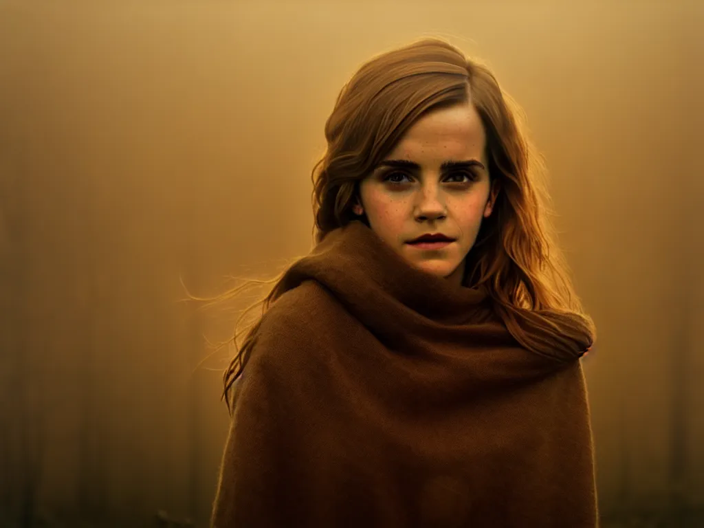 Prompt: portrait of emma watson, solemn expression, faded color film, russian cinema, tarkovsky, kodachrome, heavy birch forest, long brown hair, old clothing, heavy fog, atmospheric haze, brown color palette, sunset, low light, dramatic lighting