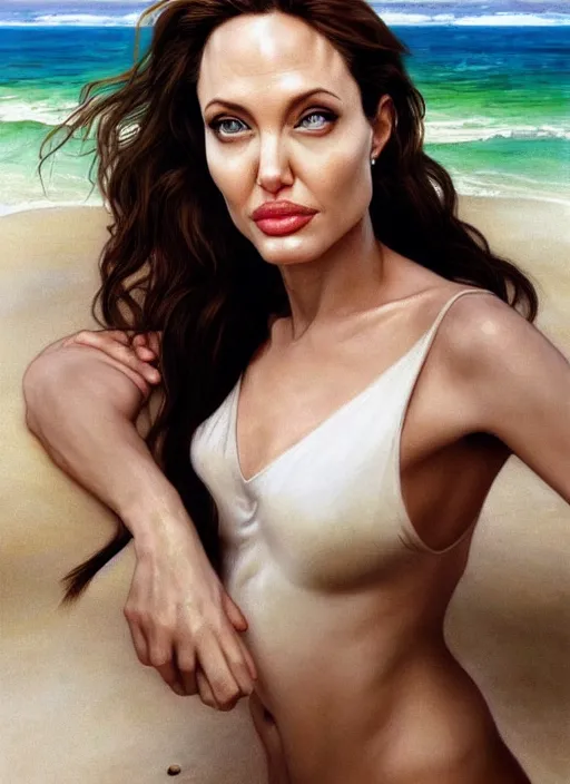 Image similar to portrait angelina jolie as sea lifeguard on the beach, full length shot, shining, 8k highly detailed, sharp focus, illustration, art by artgerm, mucha, bouguereau