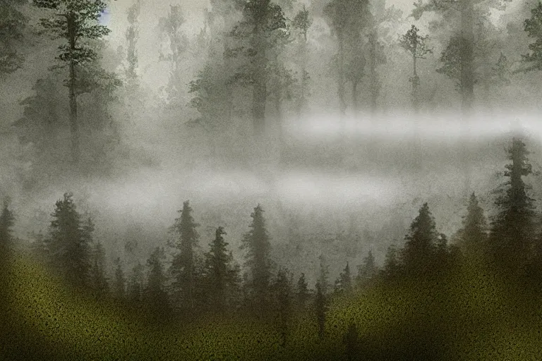 Image similar to mysterious floating island in the clouds above a forest, foggy, digital painting