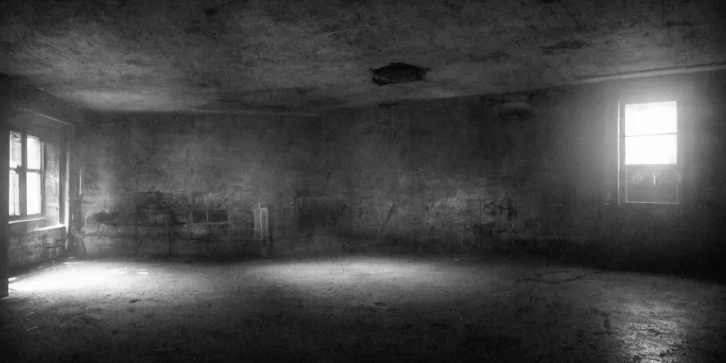 Prompt: nighttime, a very dark empty room at night lit only by candlelight, black and white, grungy