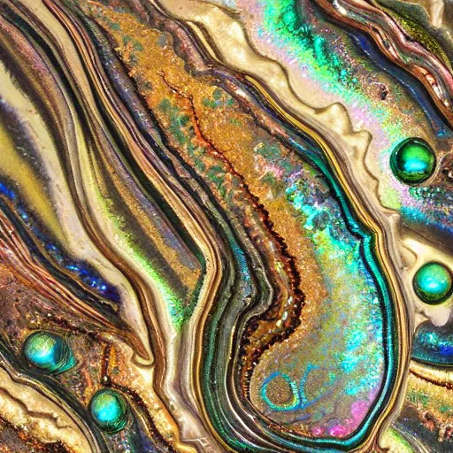 Prompt: Art Nouveau cresting oil slick waves, hyperdetailed bubbles in a shiny iridescent oil slick wave, ammolite, druzy, detailed giant opalized ammonite shell, black opal, abalone, paua shell, ornate copper patina medieval ornament, rococo, organic rippling spirals, octane render, 8k 3D, druzy geode, cresting waves and seafoam