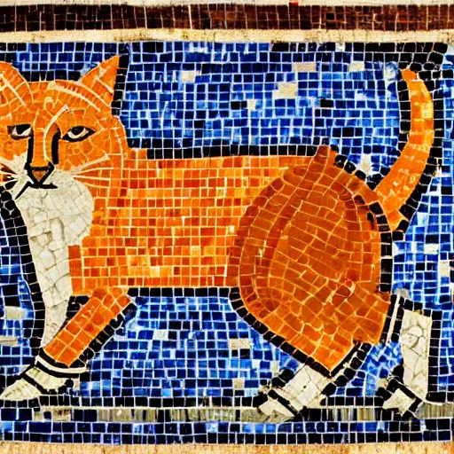 Prompt: a greek mosaic stylistically simplistic representation of an orange white tabby cat