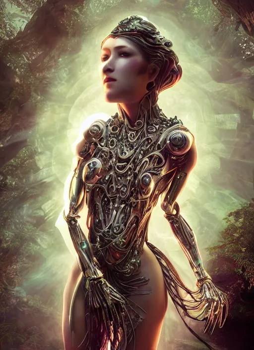 Image similar to beauteous stunning practical sumptuous androgynous biomechanical with incredible iridescent pearlescent voluminous hair, crystalline masterpiece incrustations, hyperdetailed face, elegant pose, movie still, intricate accuracy, octane render, cinematic forest lighting, cgsociety, unreal engine, crepuscular rays, god rays