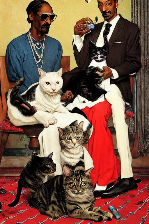 Image similar to snoop dogg and his cats painted by Norman Rockwell