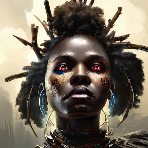 Image similar to a dark and ominous african queen with glowing eyes, a black diamond in her forehead, and jewelry made of bones, Apex Legends character digital illustration portrait design, by android jones and greg rutkowski in a cyberpunk voodoo style, detailed, cinematic lighting, wide angle action dynamic portrait
