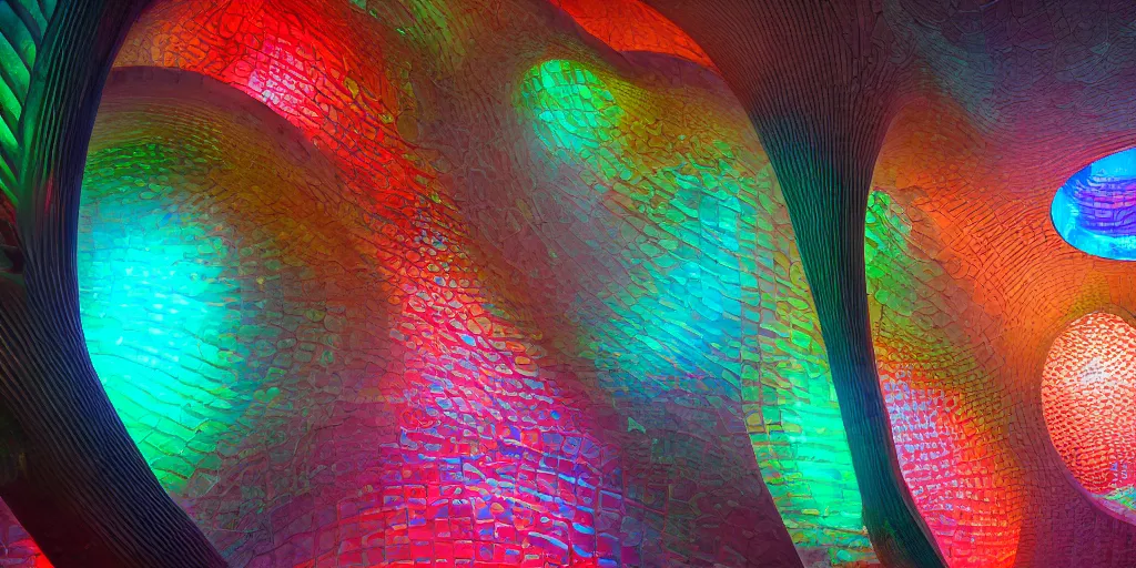 Image similar to extremely detailed awe stunning beautiful futuristic smooth curvilinear museum interior, translucent gills, hyper real, 8k, colorful, 3D cinematic volumetric light, atmospheric light