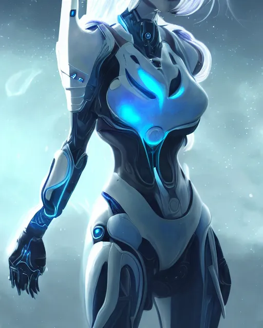 Image similar to perfect android girl on a mothership, warframe armor, beautiful face, scifi, futuristic, galaxy, nebula, raytracing, dreamy, long white hair, blue cyborg eyes, sharp focus, cinematic lighting, highly detailed, artstation, divine, by gauthier leblanc, kazuya takahashi, huifeng huang