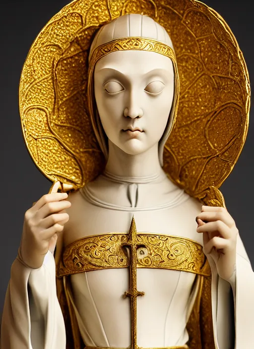 Image similar to a medieval female nun, elegant, filigree renaissance sculpture from gold and marble, brilliant symmetry, created by verrocchio andrea, leonardo da vinci, sandro botticelli, raffaelle monti, epic 7 0 mm lens shot, artstation trending, photorealism, sharp focus, smooth, establishing shot, sense of awe