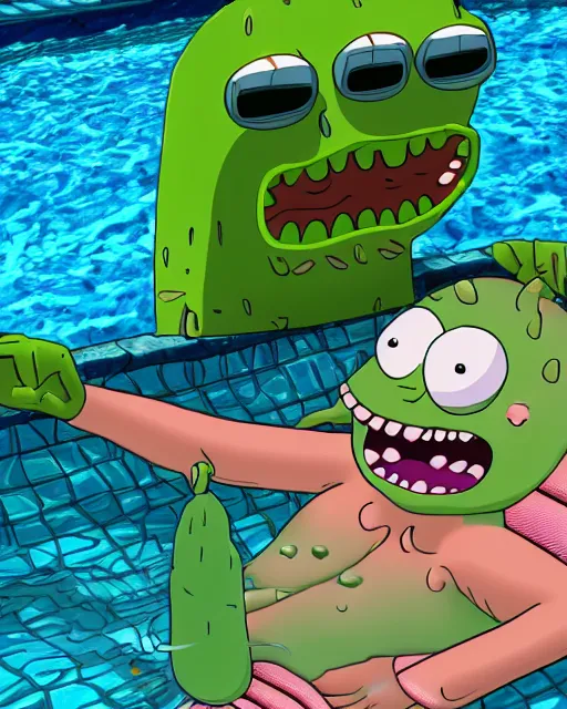 Prompt: Pickle rick relaxing in the pool