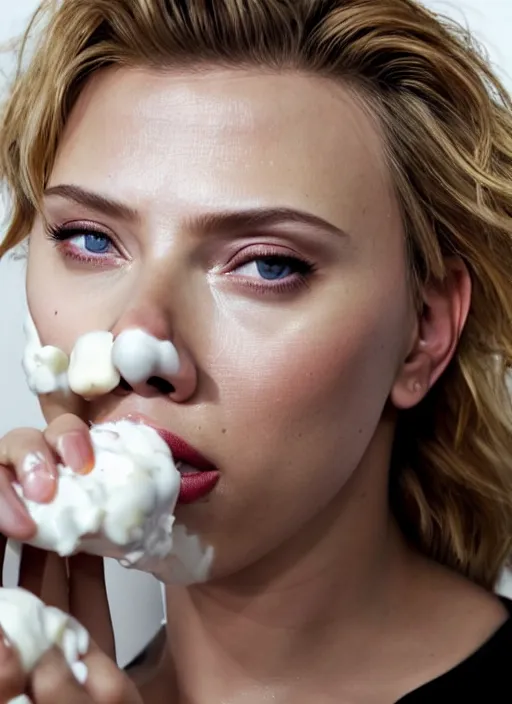 Image similar to scarlett johansson looking at the camera while about to eat yogurt, sadly the container exploded and the yogurt is all over her face. real photo, photoshooting, studio light, black background, intricate, epic lighting, cinematic composition, hyper realistic, 8k resolution, unreal engine 5