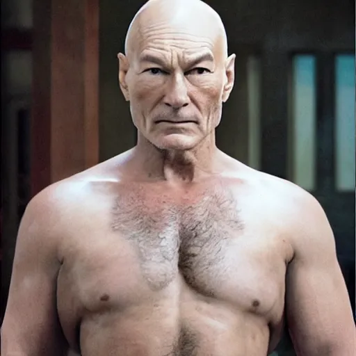 Image similar to a man who is a genetic combination of patrick stewart and jonathan frakes and levar burton and michael dorn and brent spiner, face and upper - body focus, detailed eyes