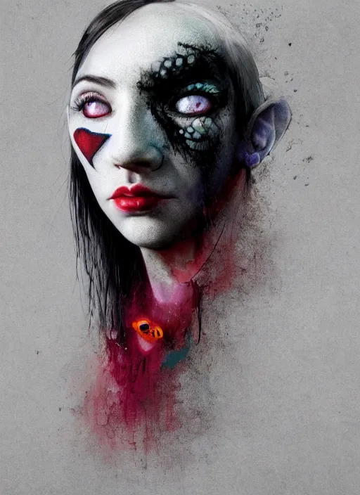 Image similar to portrait of sinister girl with pouty aerochrome lips, skeksis, unforgivable, cute bandaid on nose!!, expressive eyes, full body, deathly skin, greg rutkowski, charlie bowater, yuumei, stephen gammell, unreal 5, daz, hyperrealistic, octane render, rpg portrait, dynamic lighting, fantasy art, beautiful face