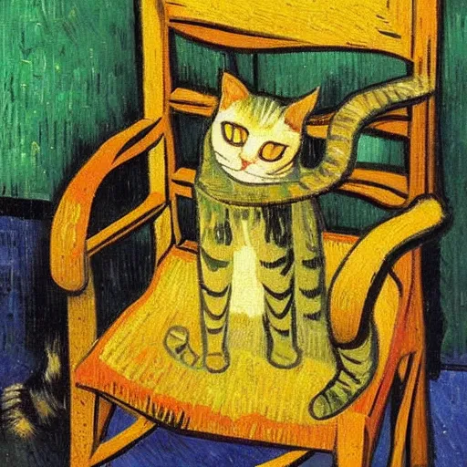 Image similar to cat sitting in a chair. oil painting by vincent van gogh.