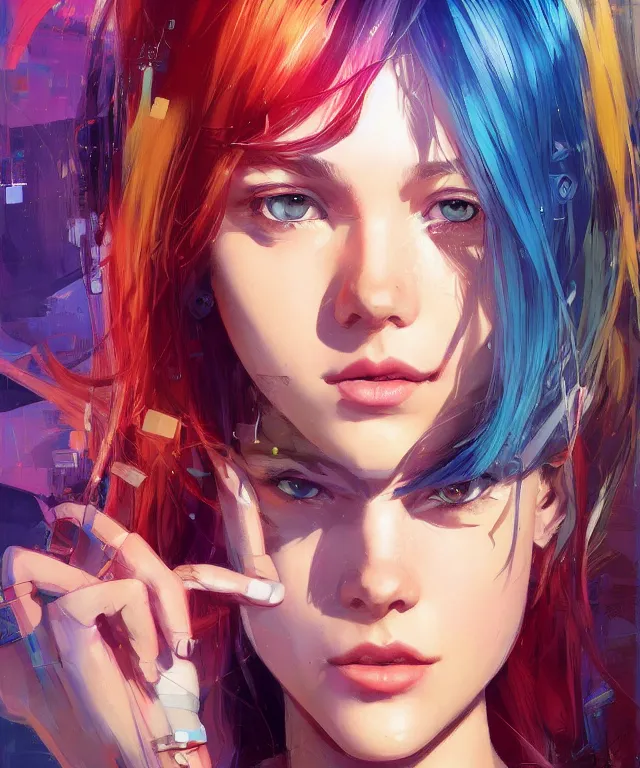 Image similar to half - circuits hacker girl with cute - fine - face, pretty face, multicolored hair, realistic shaded perfect face, fine details by realistic shaded lighting poster by ilya kuvshinov katsuhiro otomo, magali villeneuve, artgerm, jeremy lipkin and michael garmash and rob rey