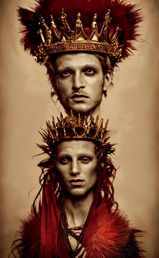 Image similar to 'Portrait of Crowned King Arthur' by Lee Jeffries royally decorated, whirling plasma, atmospheric motes, red and gold Sumptuous garb, gilt silk fabric, radiant colors, fantasy, perfect lighting, studio lit, micro details,