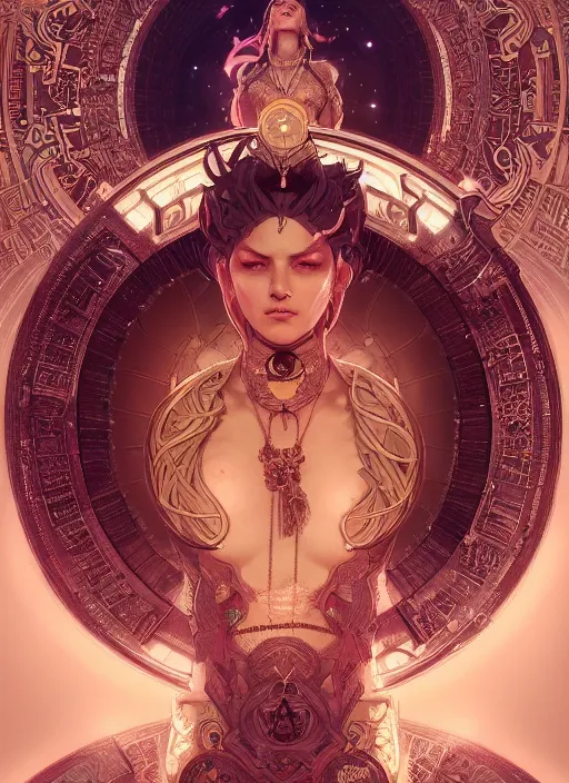 Image similar to Divine cosmic female power, glyphs, magic, artstation, high contrast, dramatic lighting, cgsociety, very detailed, intricate, detailed illustration, by artgerm and greg rutkowski and alphonse mucha, octane render, unreal engine, hyperrealism