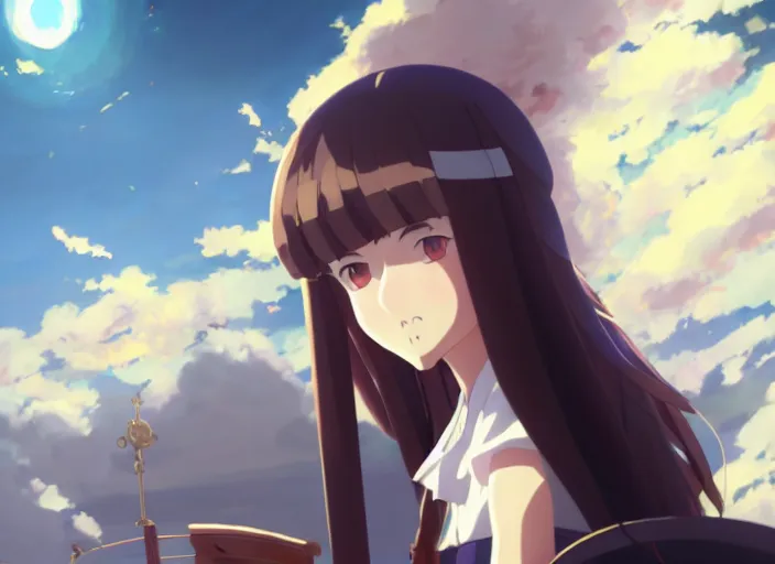 Image similar to portrait of girl maria, helm of second world war warship in background, illustration concept art anime key visual trending pixiv fanbox by wlop and greg rutkowski and makoto shinkai and studio ghibli and kyoto animation, symmetrical facial features, astral witch clothes, golden details, gapmoe yandere grimdark, volumetric lighting, backlit