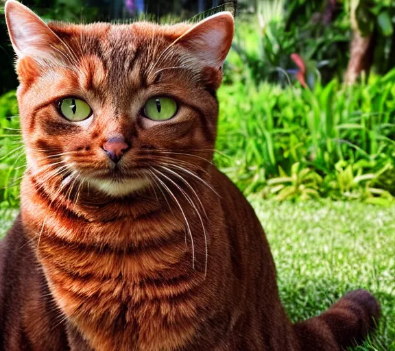 Image similar to photo - realistic picture of a brown cat in a garden.