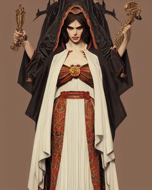 Image similar to greek vampire, ornate byzantine dress, very detailed, beautiful, intricate, cinematic, artstation, william bouguereau, alphonse mucha, greg rutkowski, rossdraws, octane render