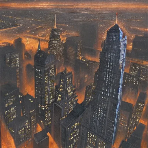 Image similar to muted color ultra realistic painting of 1 9 2 5 boston downtown at night in doctor strange's mirror dimension, aerial view, dark, brooding, night, atmospheric, horror, cosmic, ultra - realistic, smooth, highly detailed in the style of clyde caldwell