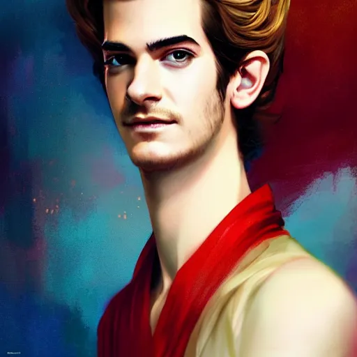 Prompt: colorful Captivating andrew garfield, brown eyes with red eye markers, slim body, wearing a detailed Japanese kimono with golden details, atmospheric lighting, painted, intricate, 4k, highly detailed by Charlie Bowater