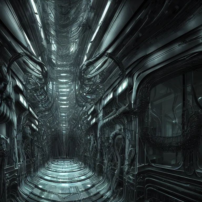 Image similar to sci-fi Prometheus biological corridor, biologic HR Giger style, Alien, Wide angle, featured in artstation, octane render, cinematic, elegant, intricate, 8k