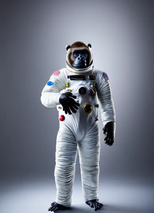 Image similar to studio photo still of a full body gorilla in a space suit, 8 k, studio lighting, key light from right side,