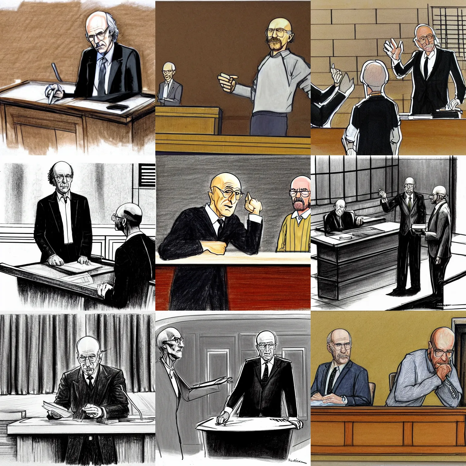 Prompt: courtroom sketch of larry david testifying against walter white, by wilbert awdry, by reginald payne, witness stand, jury, pointing, gavel, judge, drawing