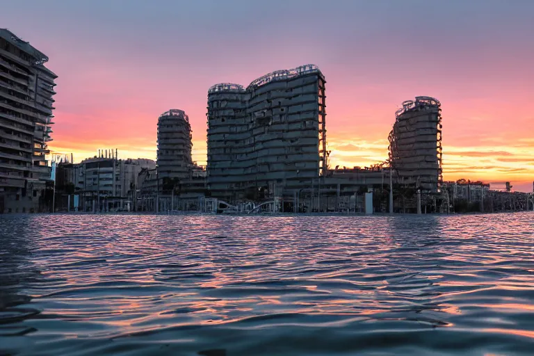 Prompt: views of catastrophic barcelona's agbar tower covered with high water, global warming, floating cars, sunset lighting, photo real