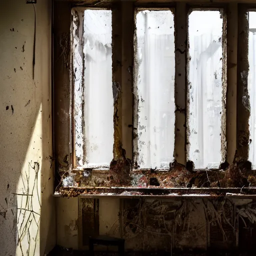 Image similar to an old hotel room, the walls are decaying, the floor has plants growing through cracks, the room is filled with tables and chairs, the tables have moldy food on them, sunlight is coming through a window, taken on a 2. 2 mm ultrawide camera.
