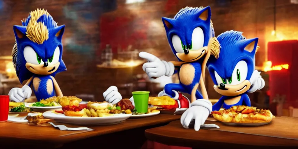 Image similar to A render of Sonic the Hedgehog sitting across from Shadow the Hedgehog at a restaurant, Sonic looks like he is shocked, Shadow is looking away in disgust, they both have hamburgers in front of them on a plate, movie, HDR, moody lighting, unique camera angle