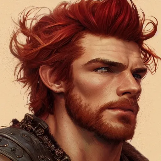 Image similar to portrait of a young, ruggedly handsome ranger, red hair, muscular, half body, leather, hairy, d & d, fantasy, intricate, elegant, highly detailed, digital painting, artstation, concept art, smooth, sharp focus, illustration, art by artgerm and greg rutkowski and alphonse mucha