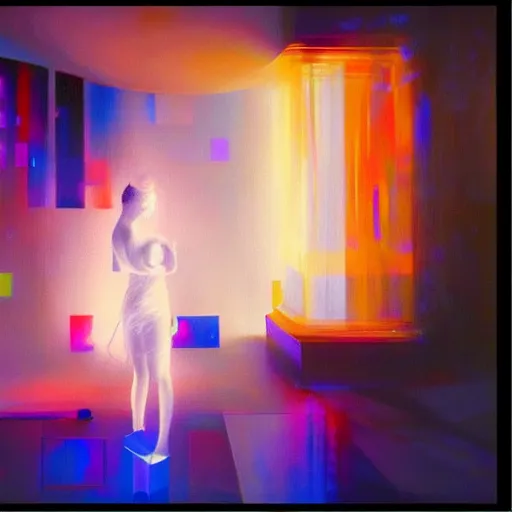 Prompt: An A.I. listens to music and generates a video - contest-winning artwork. Stunning lighting, oil on canvas