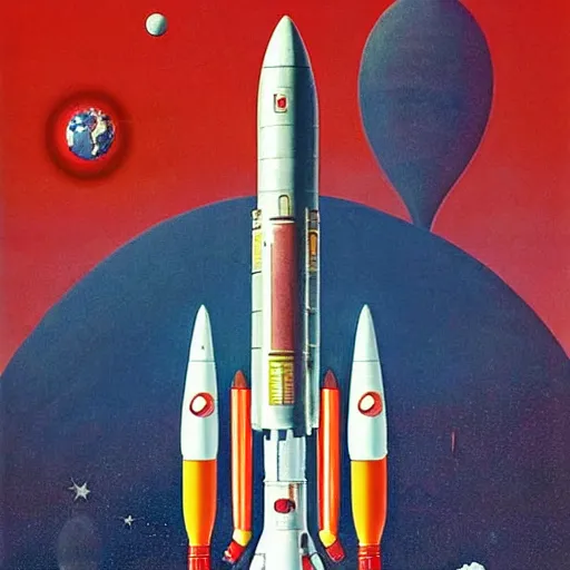 Image similar to Soviet space rockets propaganda poster in the style of James Gilleard, Zdzislaw Beksinski, Mark Ryden, Wolfgang Lettl highly detailed, hints of Yayoi Kasuma