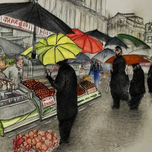 Image similar to pencil and pen drawing of a food market festival by banksy and monet. Street photography. Watercolor finishing. rainy day.