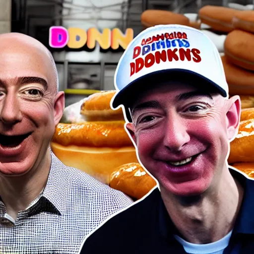 Image similar to 8k hyper realistic HDR portrait photo of Dunkin Donuts employee with Jeff Bezos’ face