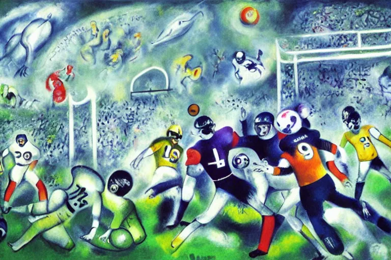 Prompt: ! dream a futuristic football game, painting by chagall, trending on artstation