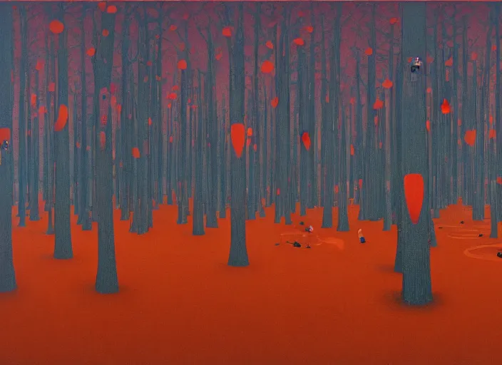 Image similar to a forest with a 5 orange cones scattered about, by surrealist james jean, in the style of francis bacon and edward hopper and beksinski