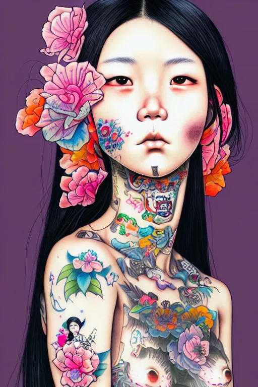 Prompt: full view of taiwanese girl with tattoos, wearing a cowboy hat, style of yoshii chie and hikari shimoda and martine johanna, highly detailed