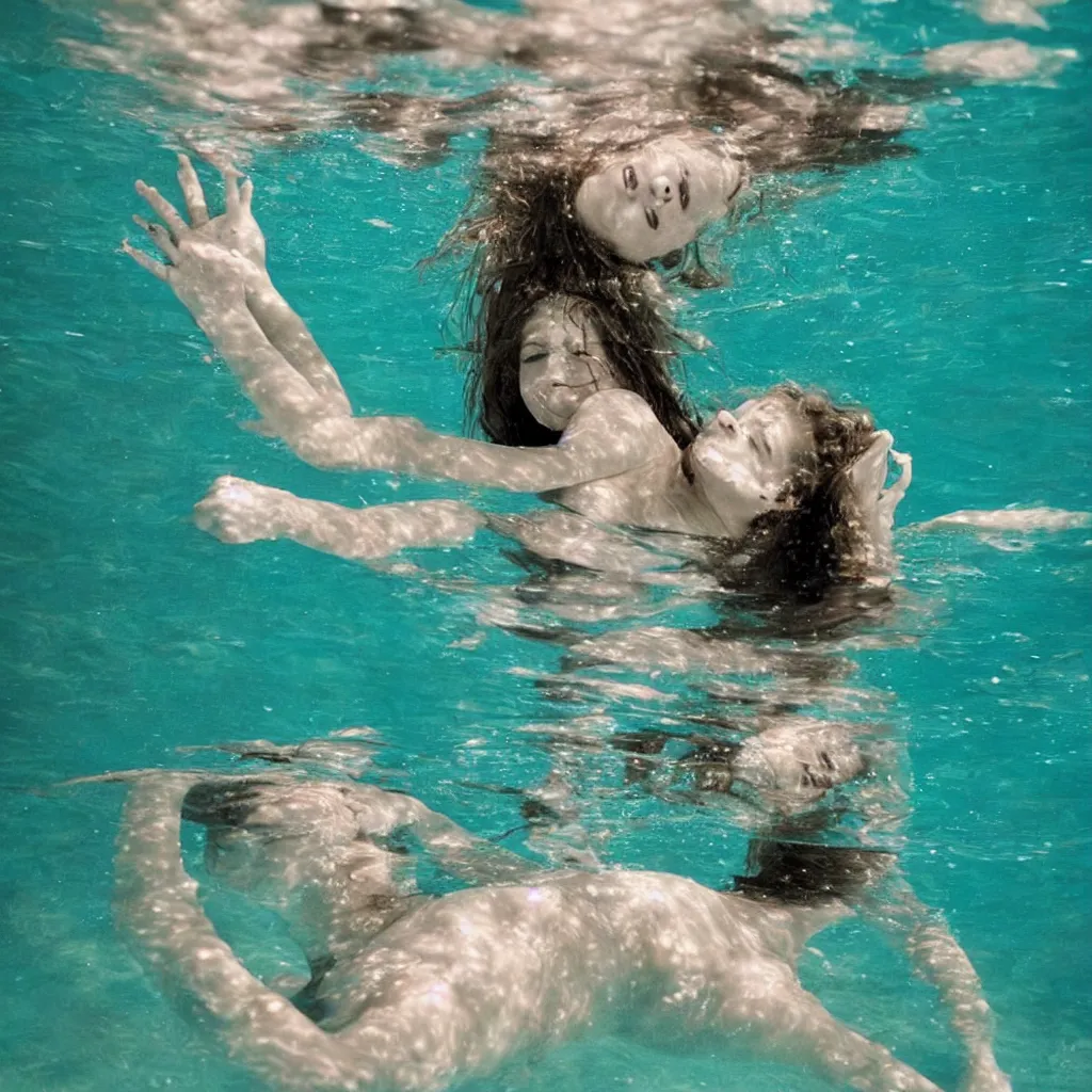 Image similar to a beautiful teen girl underwater, sinking, drowning from the weight of lost love