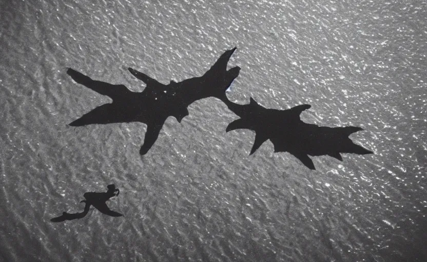 Prompt: found drone footage of a giant Kaiju monster with starfish-like arms, trampling over Pyongyang, long cast shadows, rimlight, film grain, underexposed, epic action, monochrome