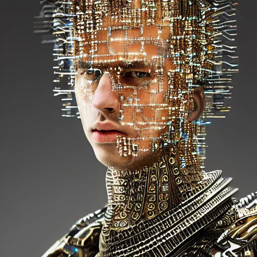 Prompt: a portrait of a beautiful young male wearing an alexander mcqueen armor made of computer circuits , photographed by andrew thomas huang, artistic