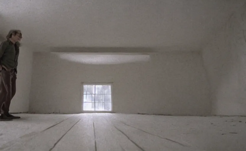 Image similar to screenshot photo low angle interior of a house built on nothing and something for the nothing underneath, scene from being john malcovich film directed by charlie kaufman ( 2 0 0 1 ), moody cinematography, 2 4 mm anamorphic lens, 3 5 mm film